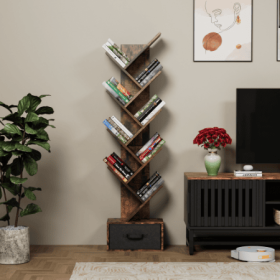 9 Tier Tree Bookshelf With Drawer Bookcase, Modern Book Storage, Free Standing Tree Bookcase, Utility Organizer Shelves For Home Office, Living R (Option: Deep Rustic Brown)